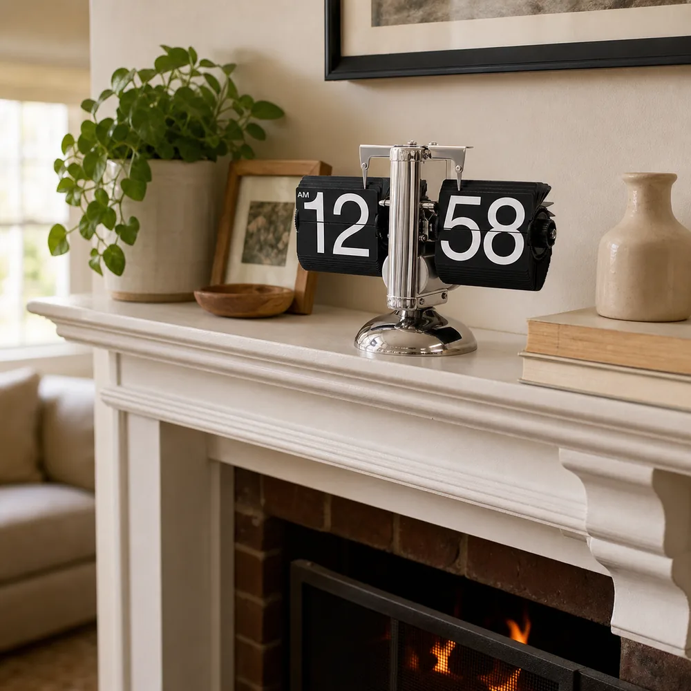 Retro flip clock styled on a bright mantel.