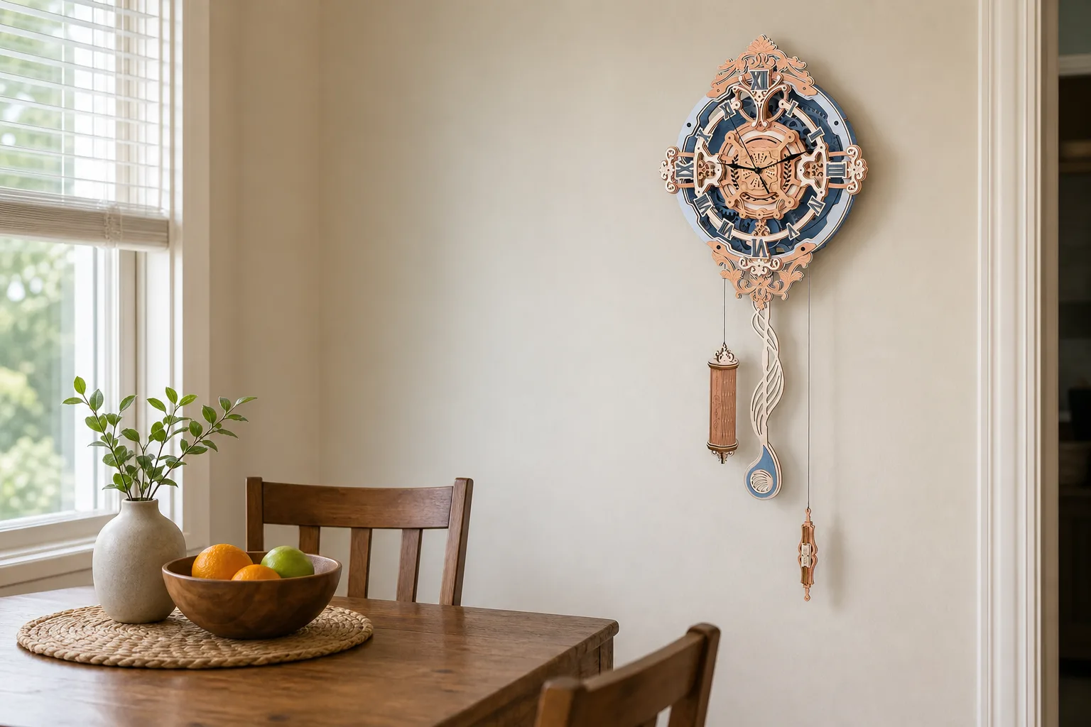 DIY Wooden Puzzle Wall Clock in a Modest Dining Nook Tall ornate wooden pendulum wall clock beside a modest sunlit dining table