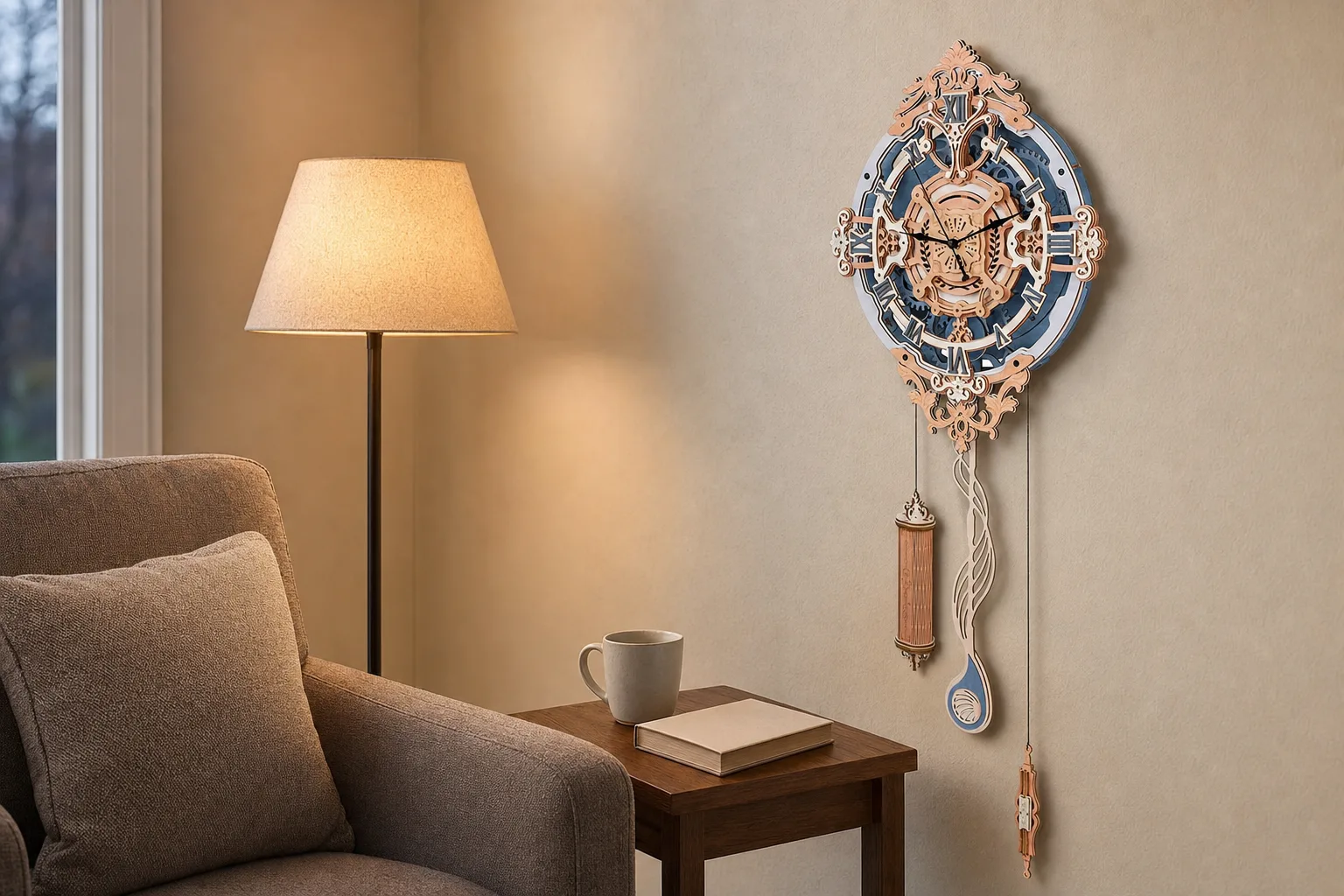 DIY Wooden Puzzle Wall Clock in a Reading Corner Ornate wooden pendulum wall clock above a calm living-room reading corner
