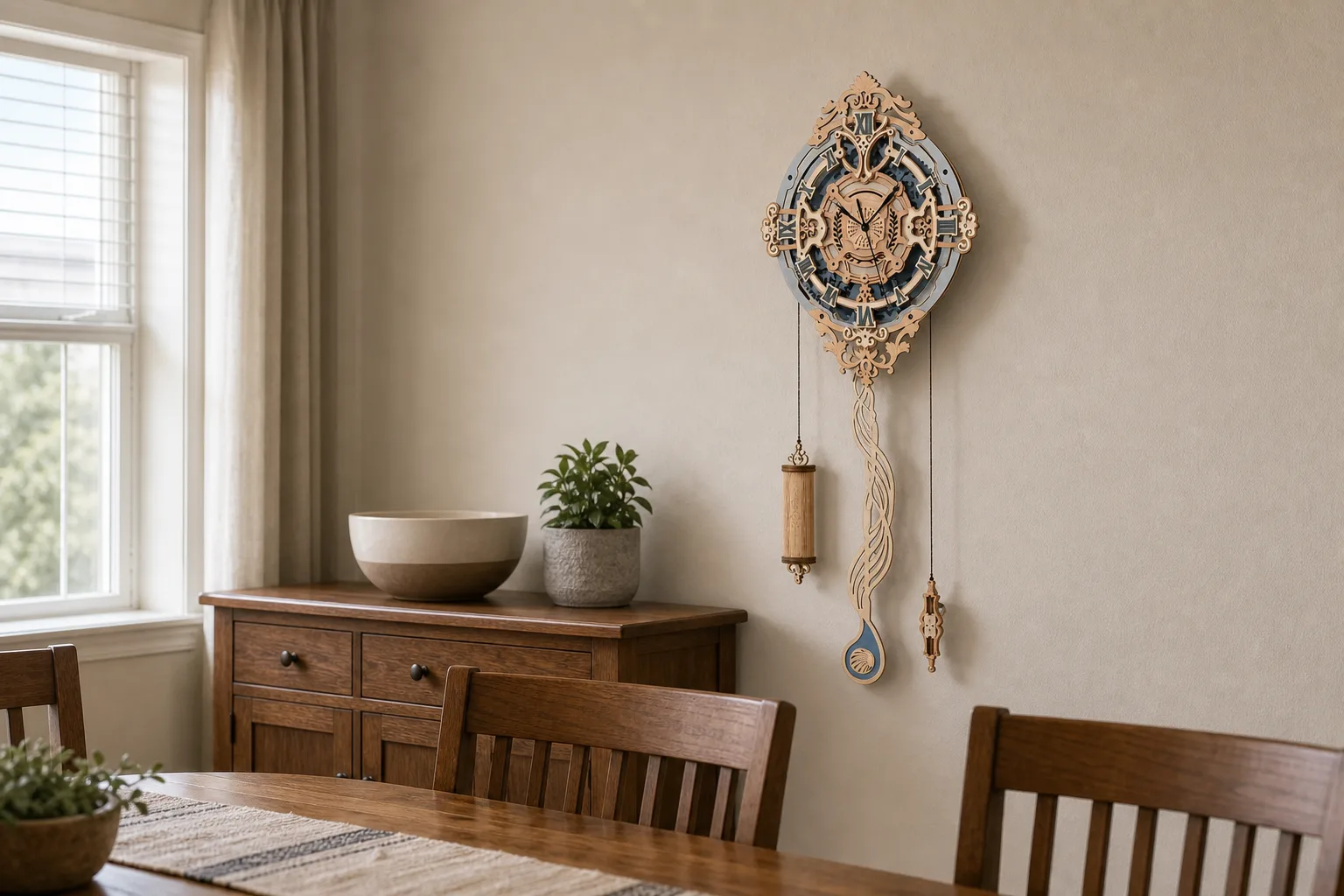Ornate Wooden Pendulum Clock in a Dining Room Ornate Wooden Pendulum Clock in a Dining Room