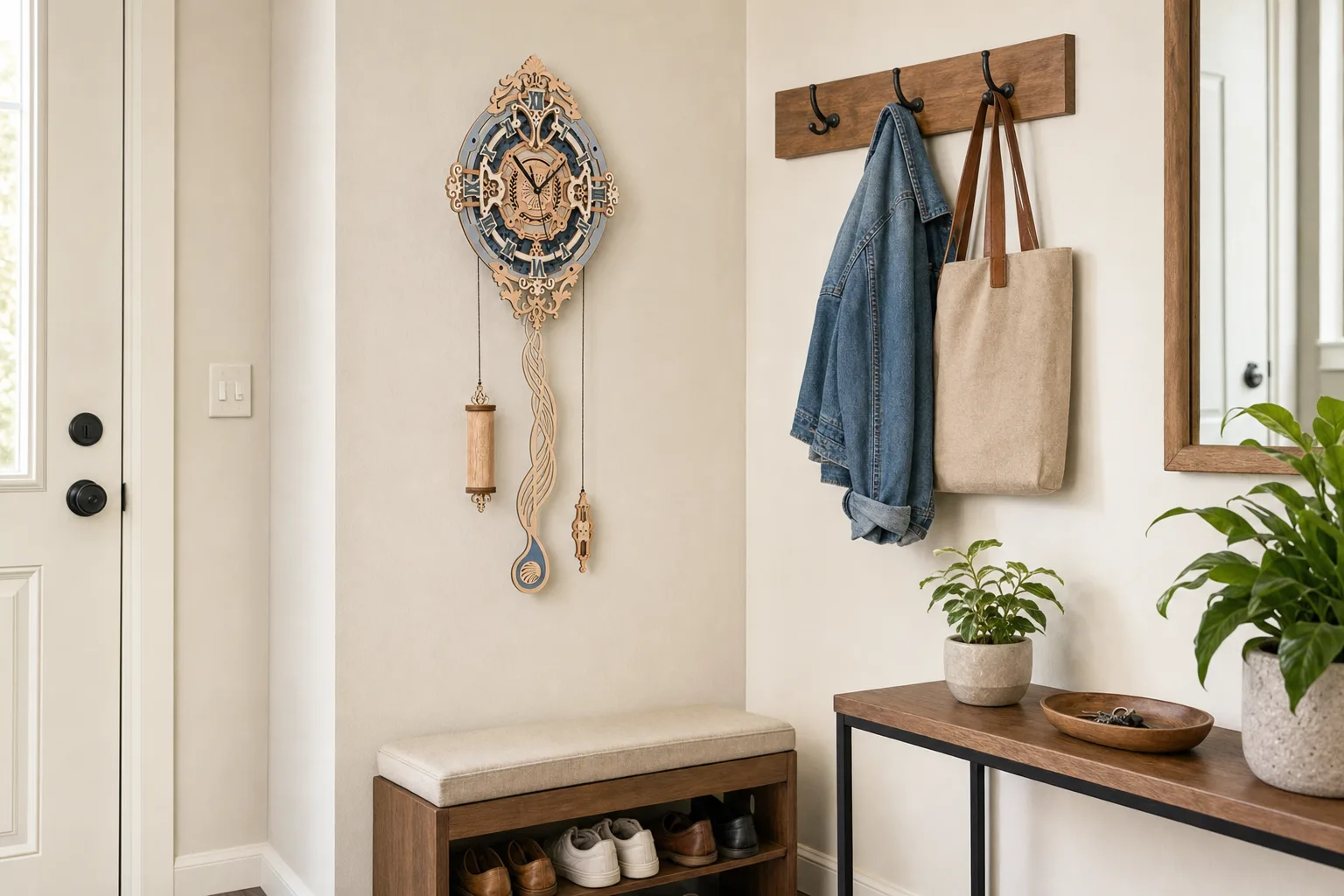 Wooden Puzzle Wall Clock in a Rental Entryway Wooden Puzzle Wall Clock in a Rental Entryway