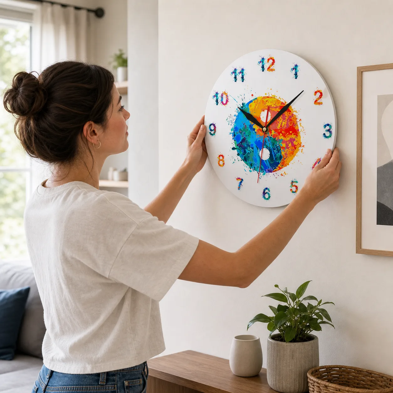 Colorful yin-yang decor wall clock being hung Colorful yin-yang decor wall clock being hung
