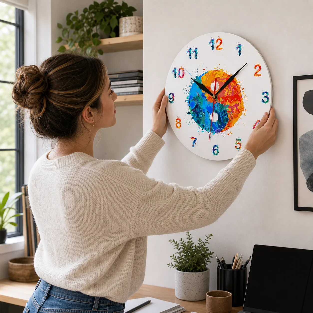 Colorful yin-yang decor wall clock straightened in a home office Colorful yin-yang decor wall clock straightened in a home office