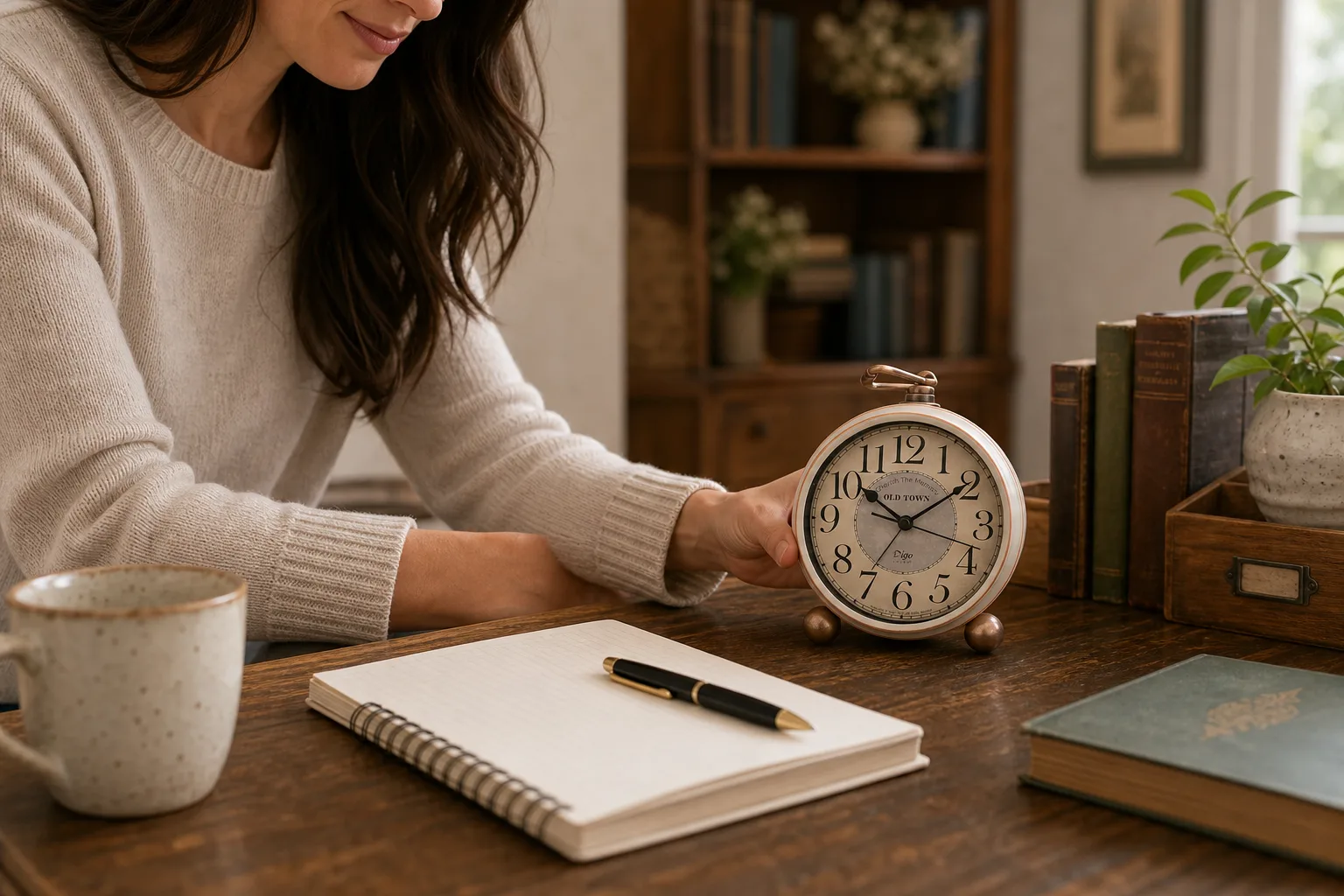Retro European Pastoral Alarm Clock on Writing Desk Retro European Pastoral Alarm Clock on Writing Desk