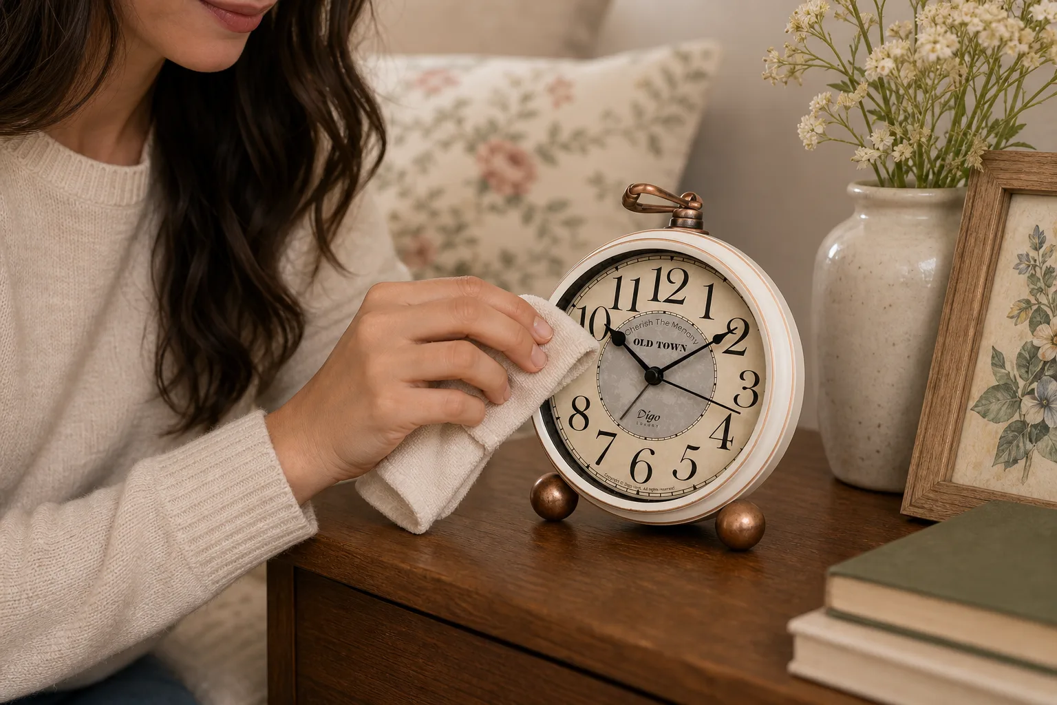 Retro European Pastoral Alarm Clock Being Dusted Retro European Pastoral Alarm Clock Being Dusted