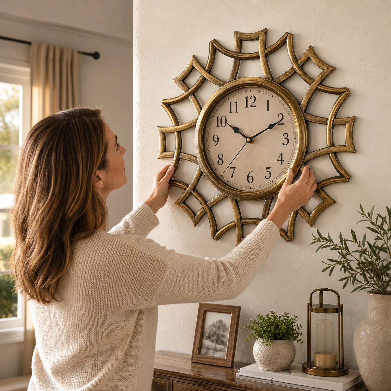 Vintage Gold Wall Clock Being Installed in a Warm Living Room Vintage Gold Wall Clock Being Installed in a Warm Living Room