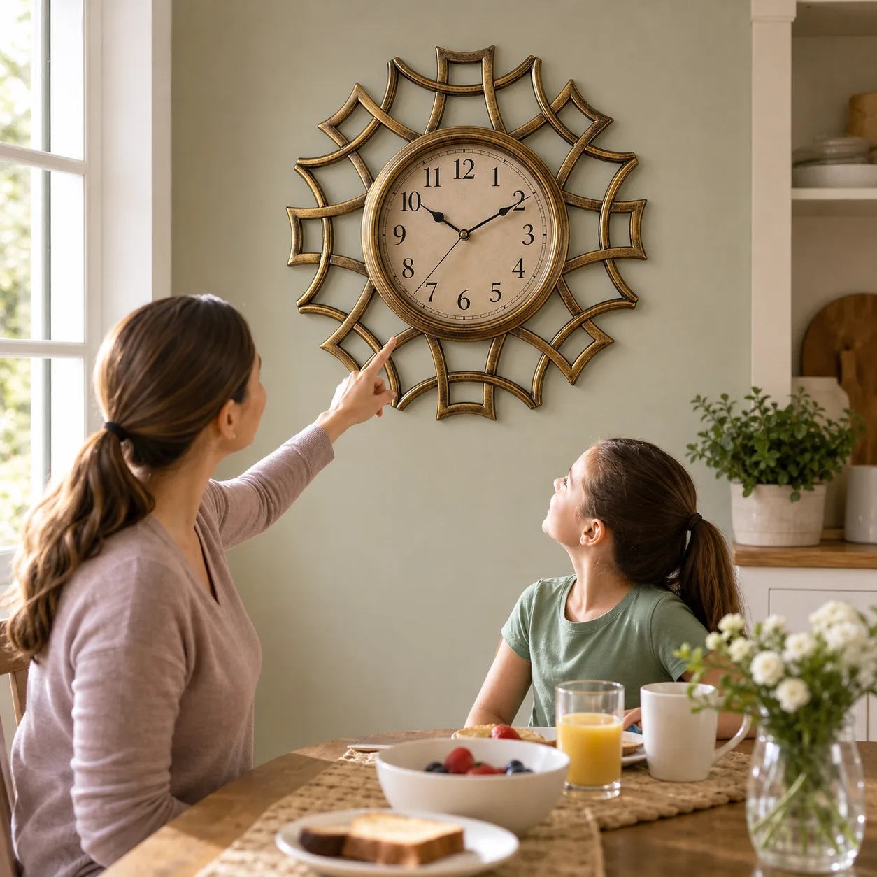 Family Checking the Time on an Antique Gold Decorative Clock Parent and child looking at a large antique gold wall clock with an open geometric frame in a breakfast nook