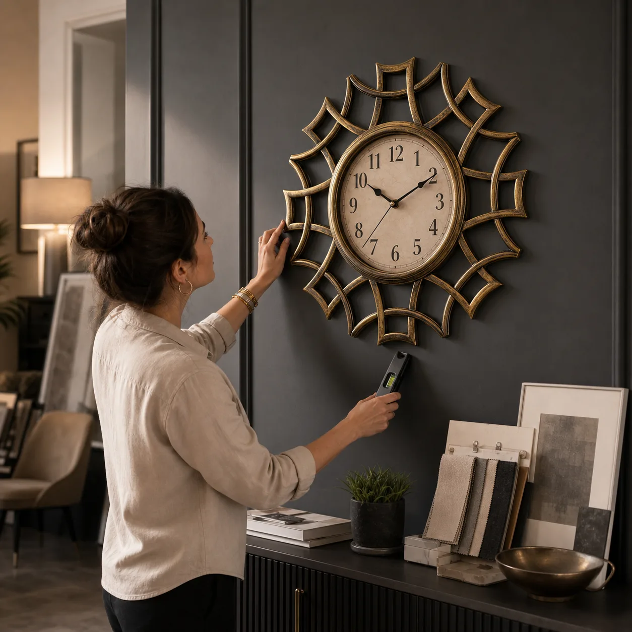 Designer Adjusting an Ornate Gold Wall Clock Designer Adjusting an Ornate Gold Wall Clock