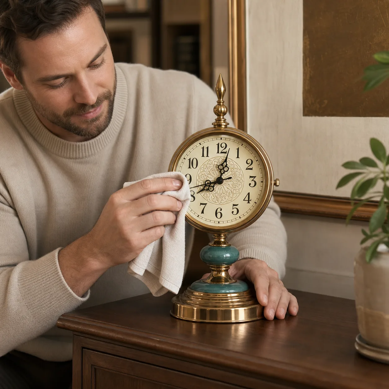 Ornate Gold and Teal Desk Clock Being Gently Cleaned Ornate Gold and Teal Desk Clock Being Gently Cleaned