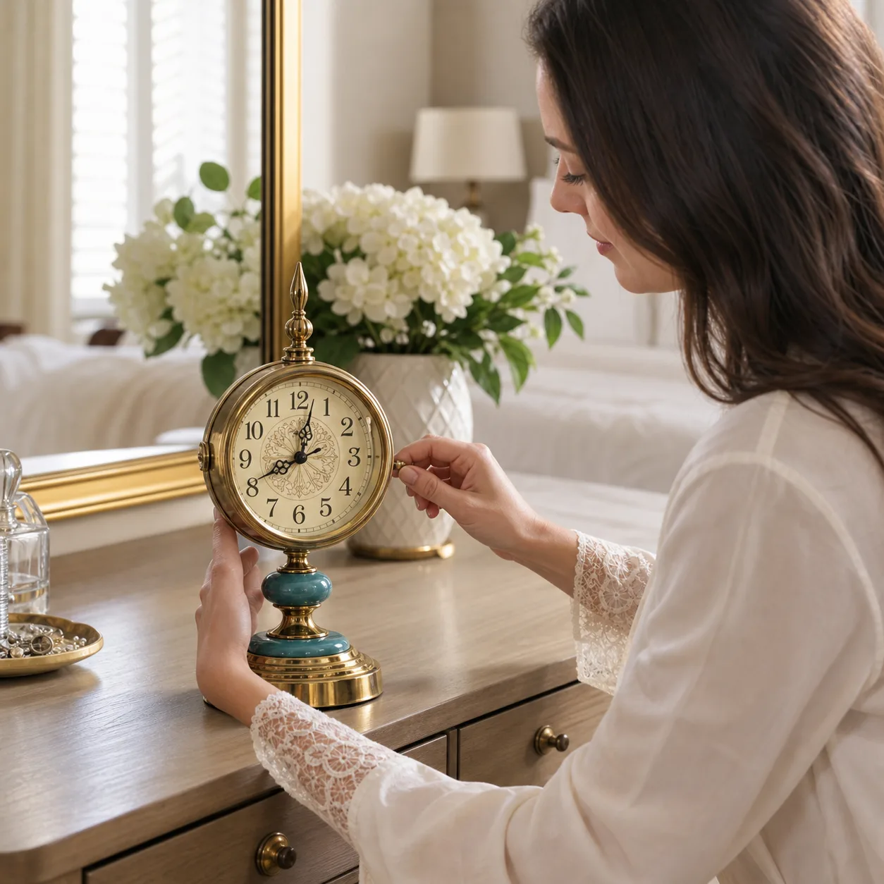 Vintage Gold and Teal Table Clock Adjusted on a Bedroom Vanity Vintage Gold and Teal Table Clock Adjusted on a Bedroom Vanity