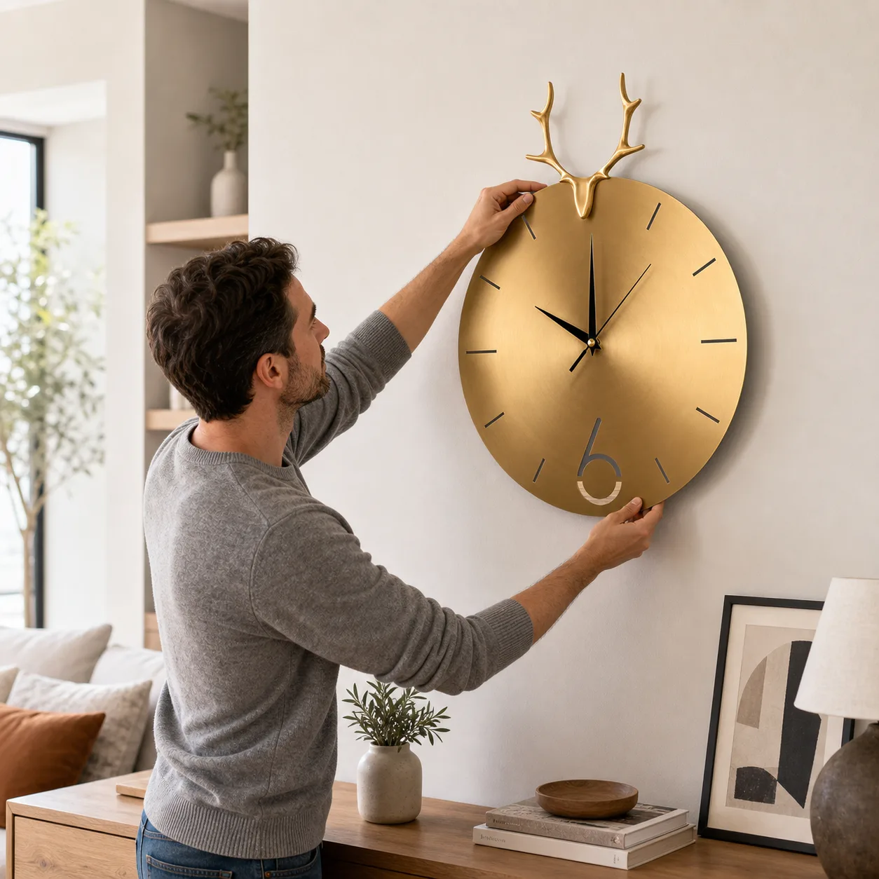 Gold Deer Antler Wall Clock Being Mounted in a Modern Living Room Gold Deer Antler Wall Clock Being Mounted in a Modern Living Room