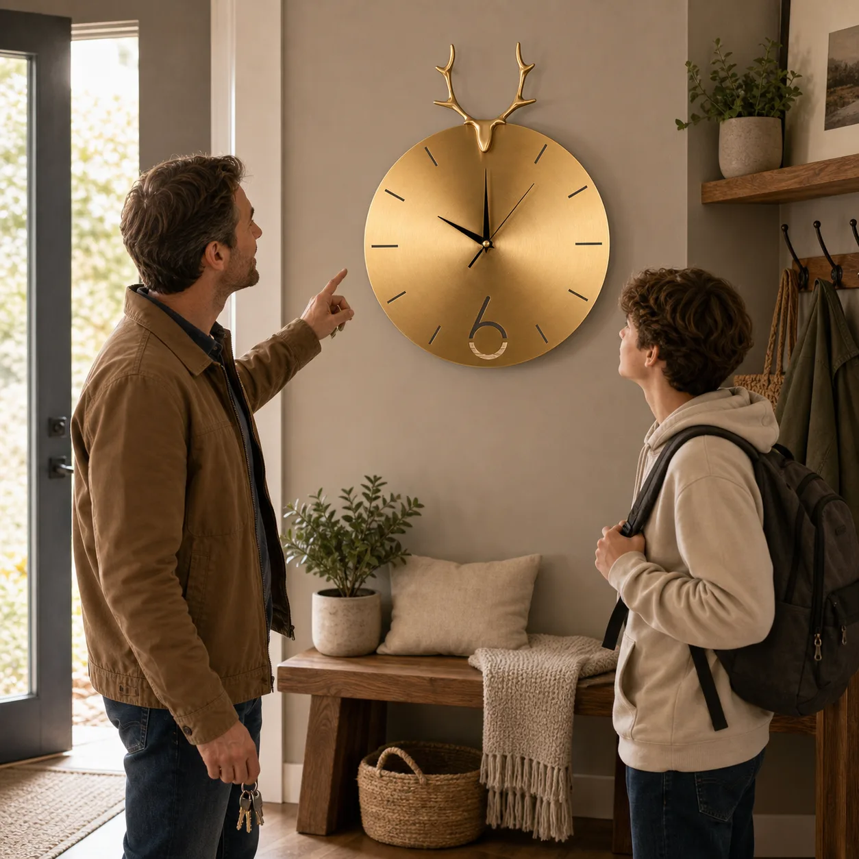 Family Checking a Modern Gold Antler Clock in the Entryway Parent and teenager looking at a brushed gold deer antler wall clock in a warm home entryway
