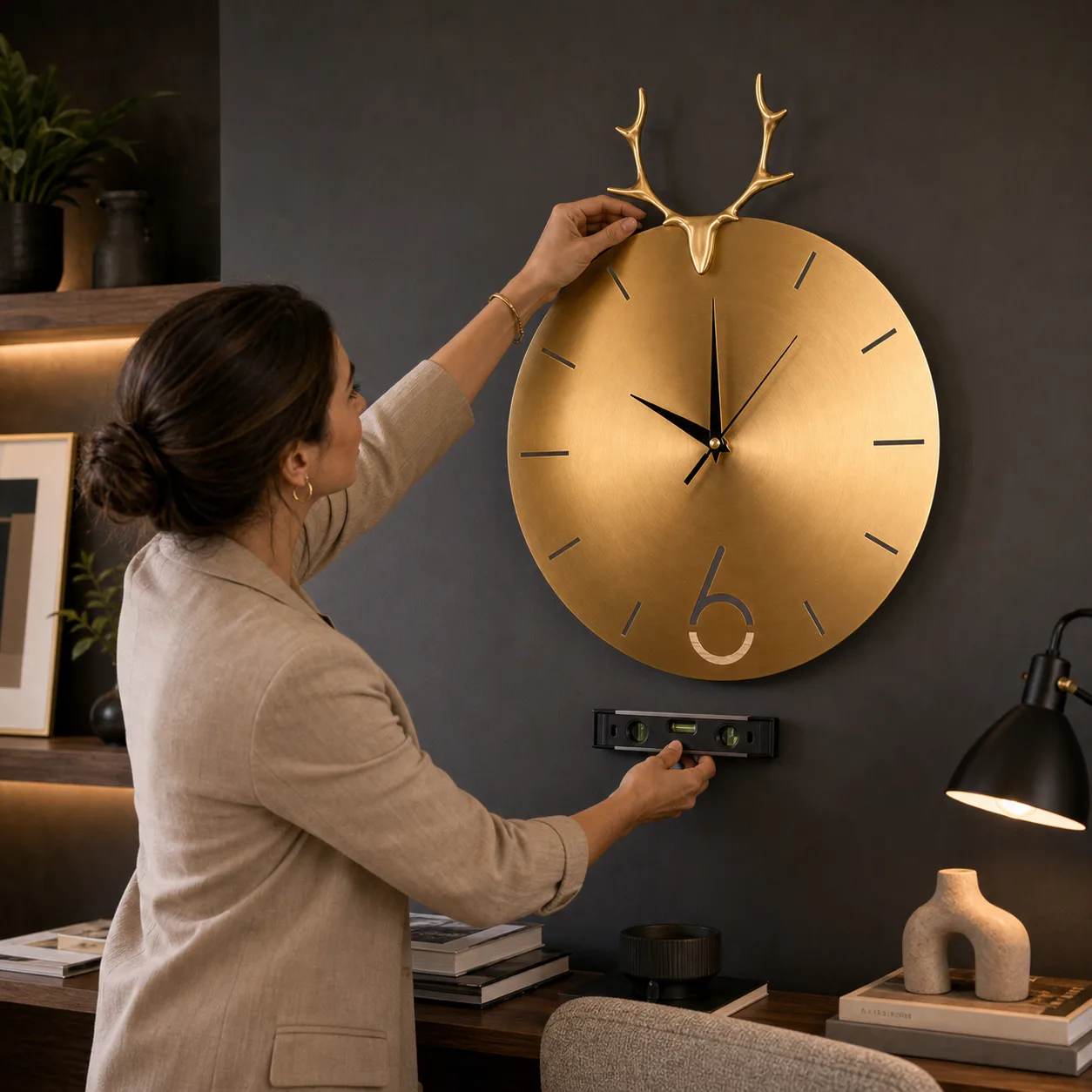 Designer Aligning a Nordic Gold Deer Antler Clock Designer Aligning a Nordic Gold Deer Antler Clock