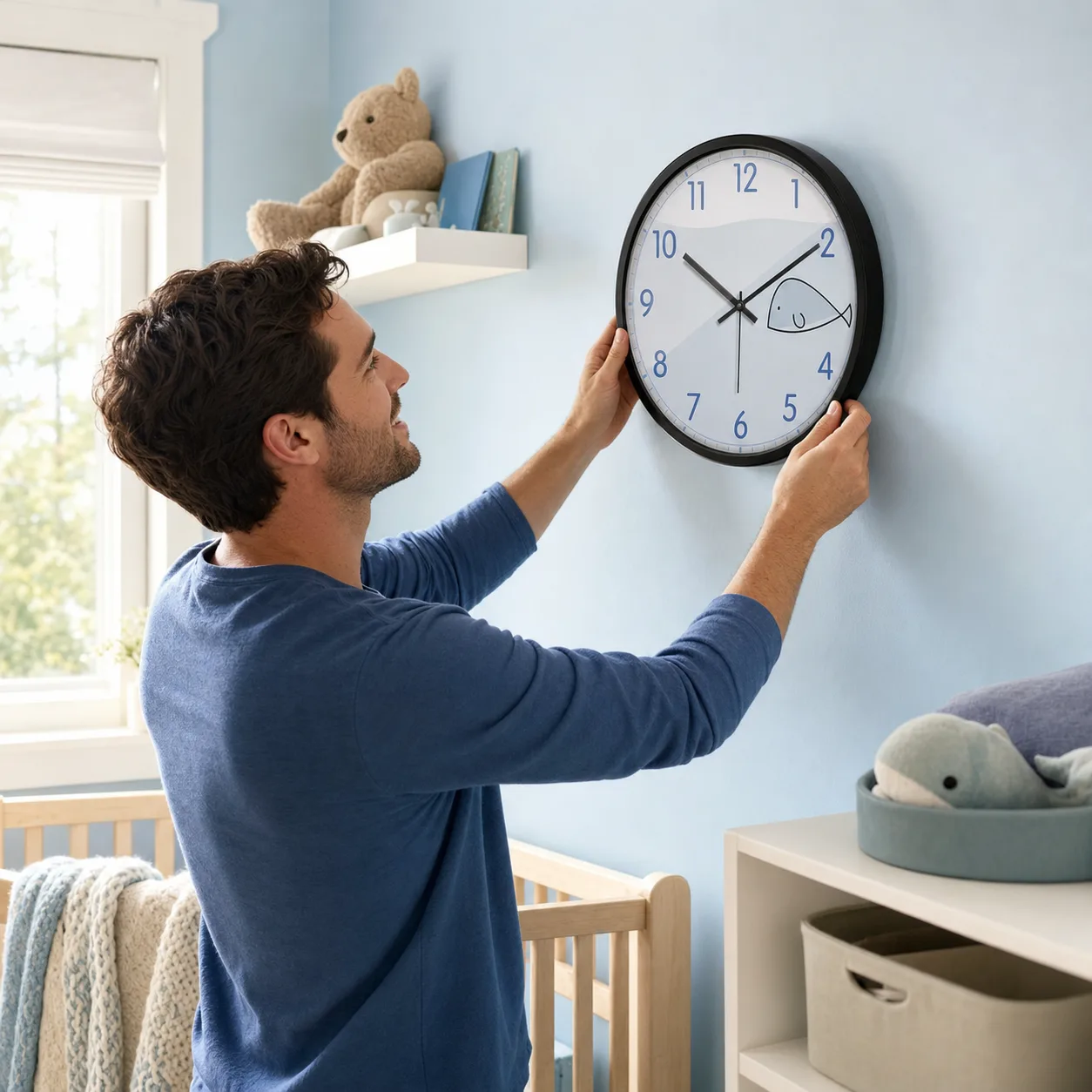 Parent Installing Blue Whale Wall Clock Parent Installing Blue Whale Wall Clock