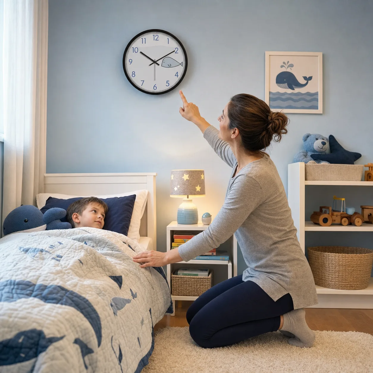 Bedtime Time Check With Whale Clock Mother checking the time on a blue whale wall clock during bedtime