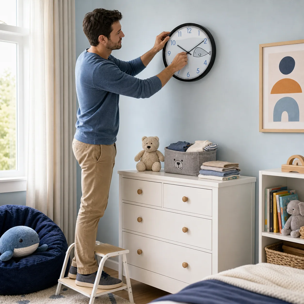 Adjusting Whale Clock In Child's Room Father adjusting a round blue whale wall clock above a dresser