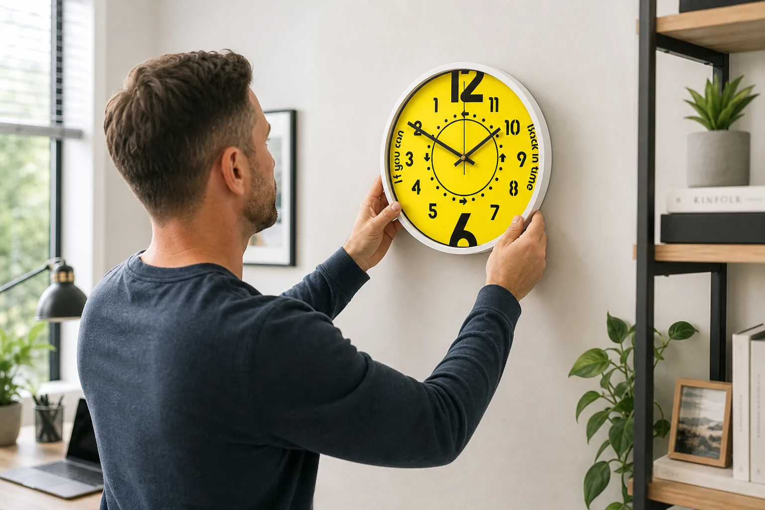 Quartz Reverse Personality Clock being hung in a home office Quartz Reverse Personality Clock being hung in a home office