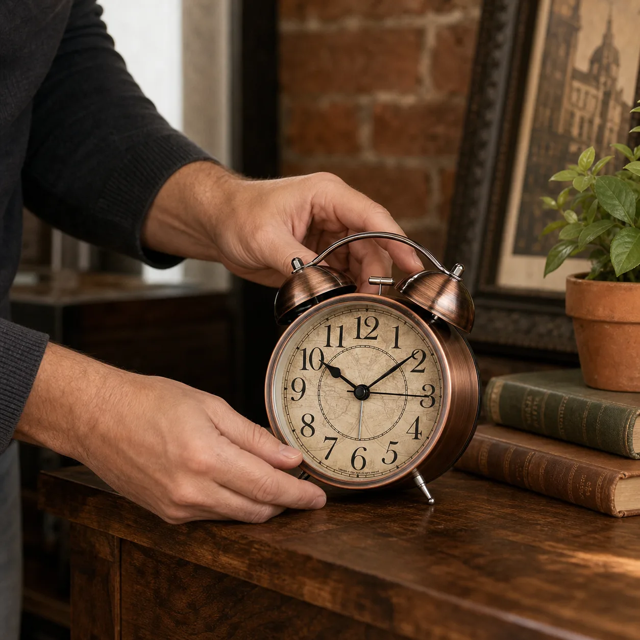 Placing the Bronze Twin Bell Alarm Clock Person placing a vintage bronze twin bell alarm clock with large black numbers on a wooden shelf