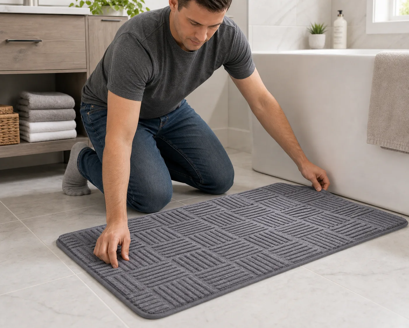Adjusting the Gray Non-Slip Bath Rug Adjusting the Gray Non-Slip Bath Rug
