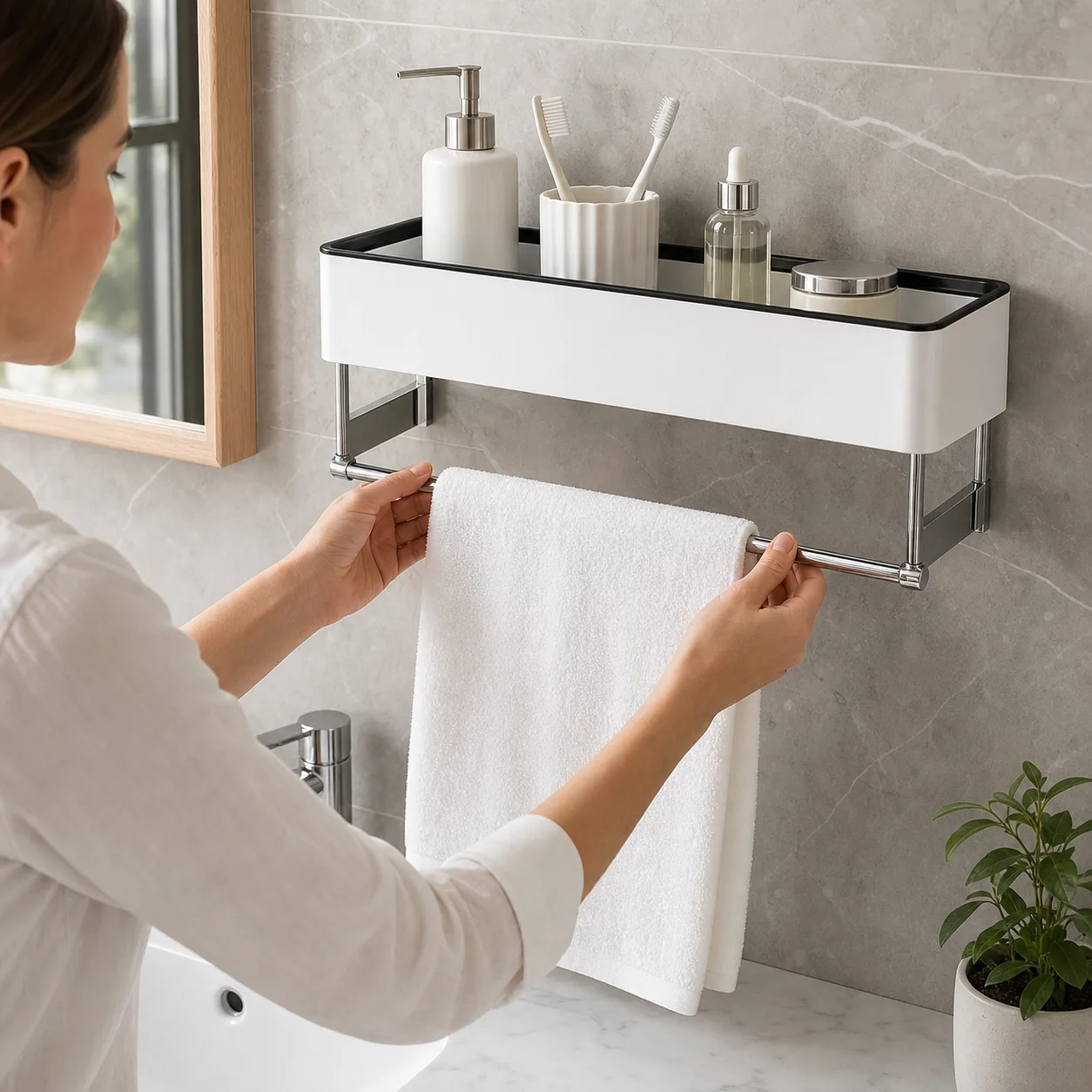 Hanging a Hand Towel on Wall-Mounted Floating Shelf Hanging a Hand Towel on Wall-Mounted Floating Shelf