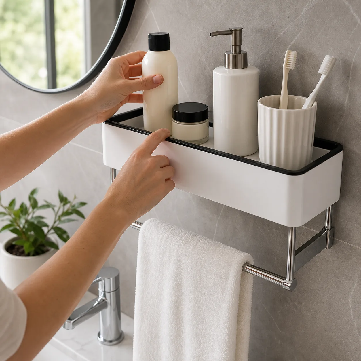 Placing Toiletries in Floating Bathroom Shelf Placing Toiletries in Floating Bathroom Shelf