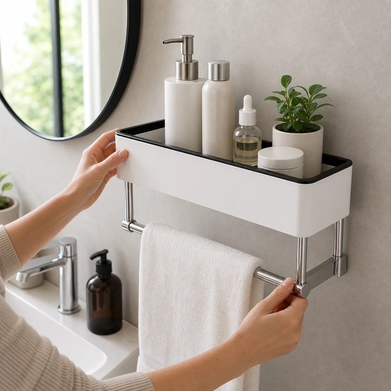 Checking Removable Chrome Towel Bar on Bathroom Shelf Checking Removable Chrome Towel Bar on Bathroom Shelf