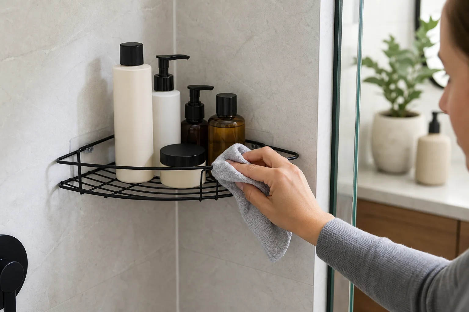 Easy-clean black wire shelf Person wiping a mounted black wire corner shower caddy with a cloth
