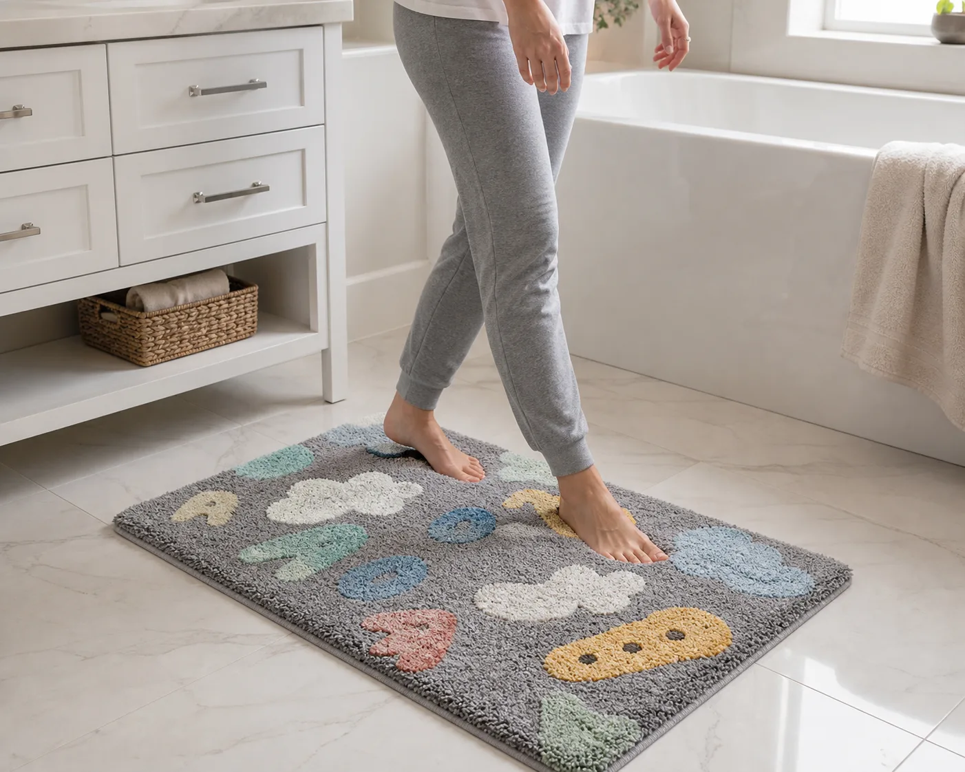 Stepping onto Gray Microfiber Bath Mat Stepping onto Gray Microfiber Bath Mat