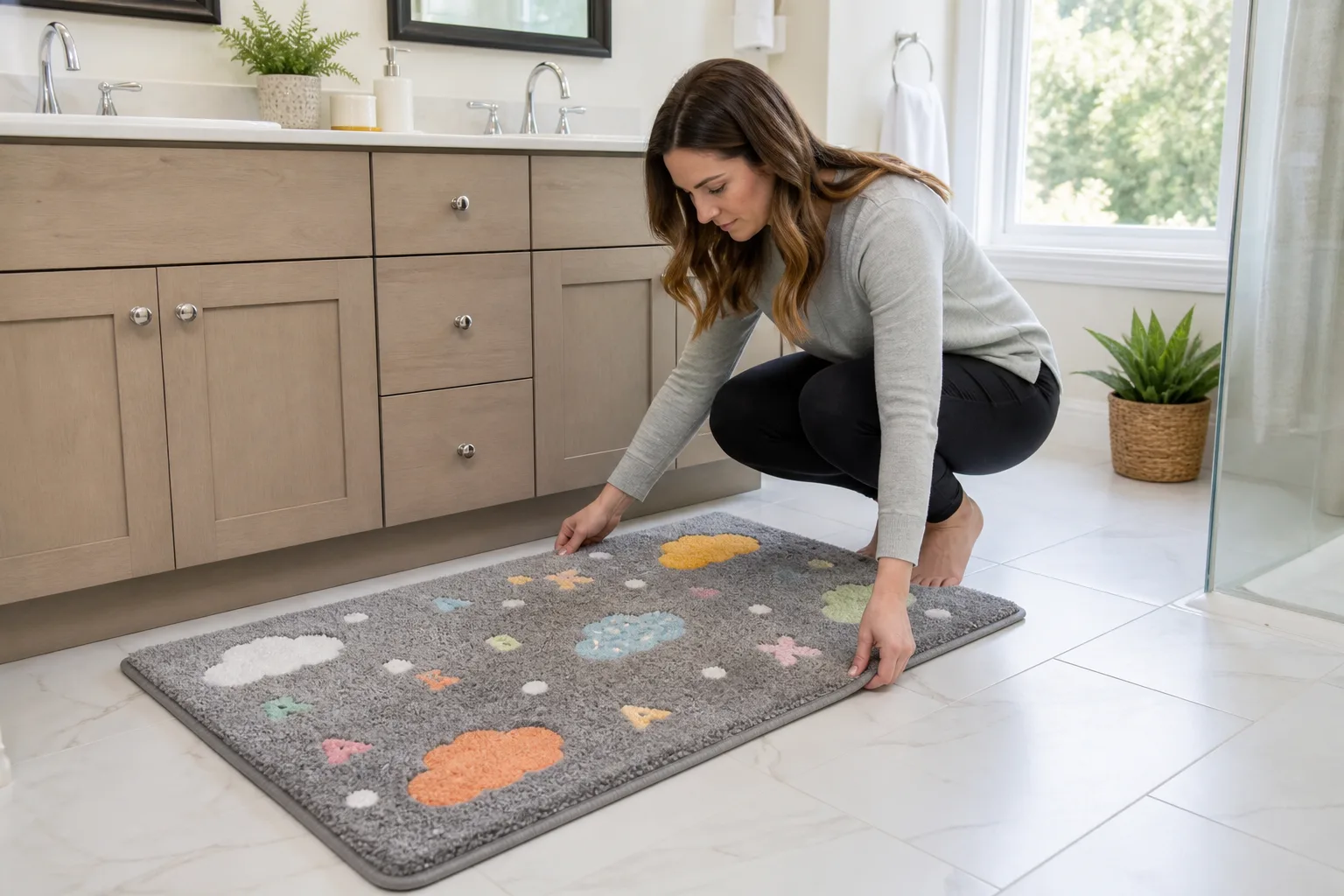 Straightening Patterned Bathroom Rug Straightening Patterned Bathroom Rug