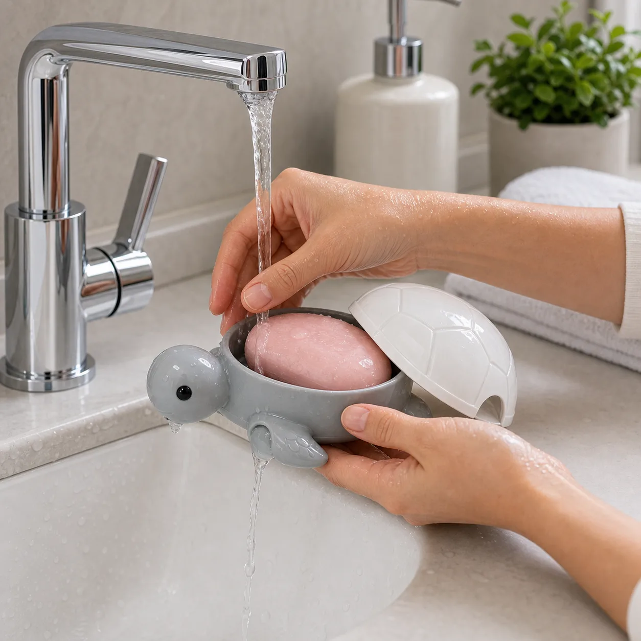 Rinsing Turtle Soap Dish by Sink Rinsing Turtle Soap Dish by Sink