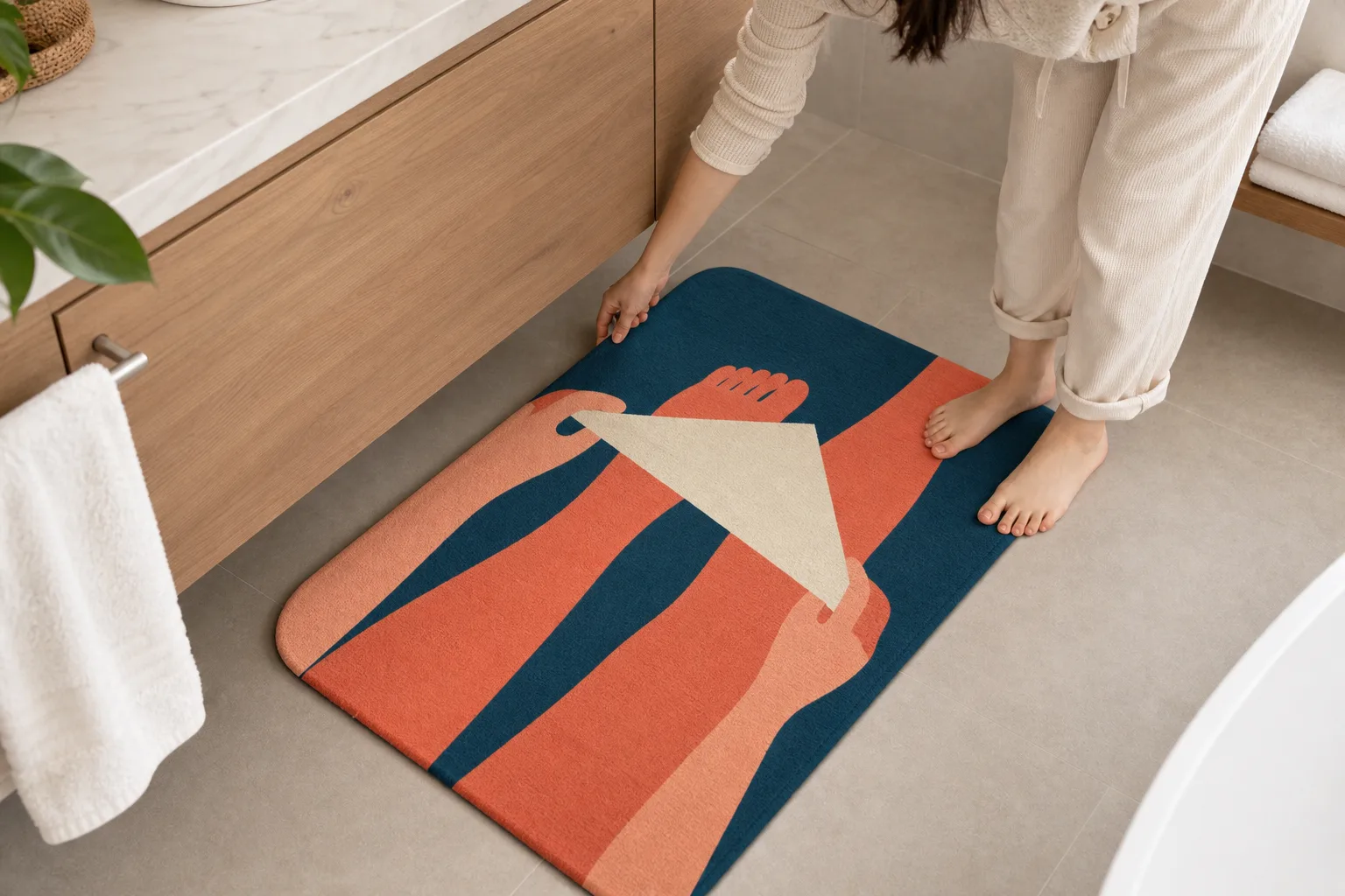 Abstract Bath Mat Straightened at Bathroom Vanity Abstract Bath Mat Straightened at Bathroom Vanity