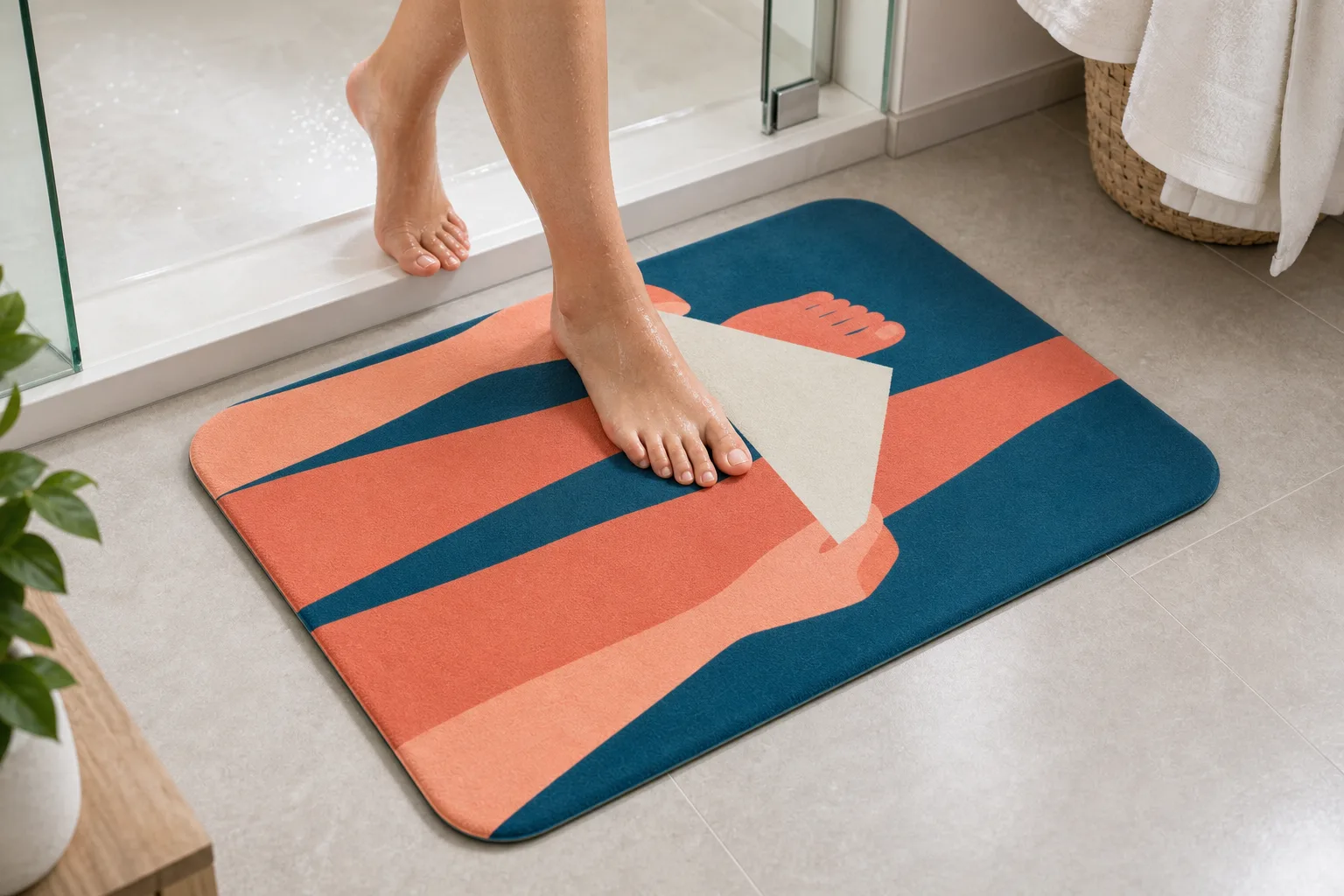 Bare Feet Stepping Onto Abstract Bath Mat Clean bare feet stepping onto a modern teal and coral abstract bathroom rug