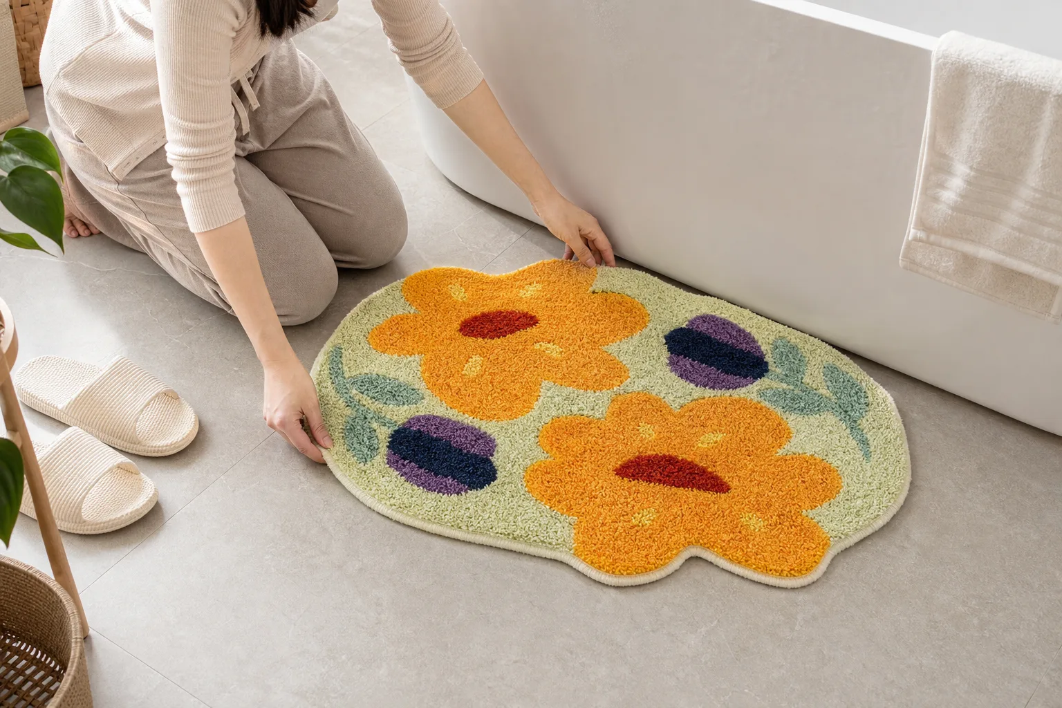 Floral Tufted Rug Placed Beside a Bathtub Person placing a pale green floral tufted bath mat with orange flowers beside a white bathtub