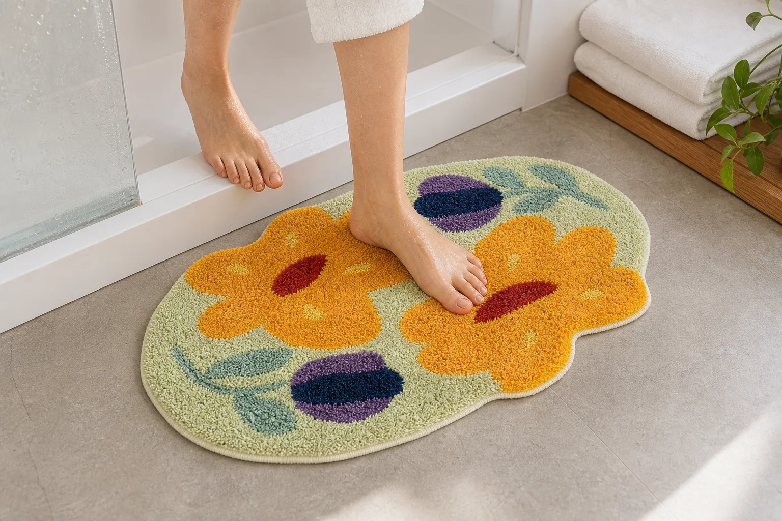 Bare Feet Stepping Onto Floral Bath Mat Bare Feet Stepping Onto Floral Bath Mat