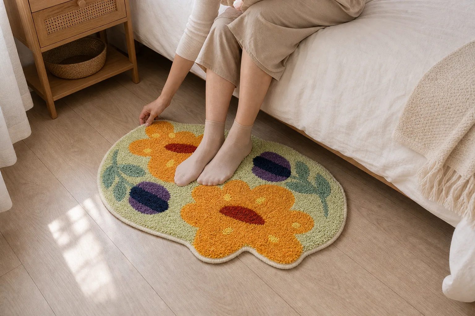 Floral Accent Rug Straightened Beside Bed Floral Accent Rug Straightened Beside Bed