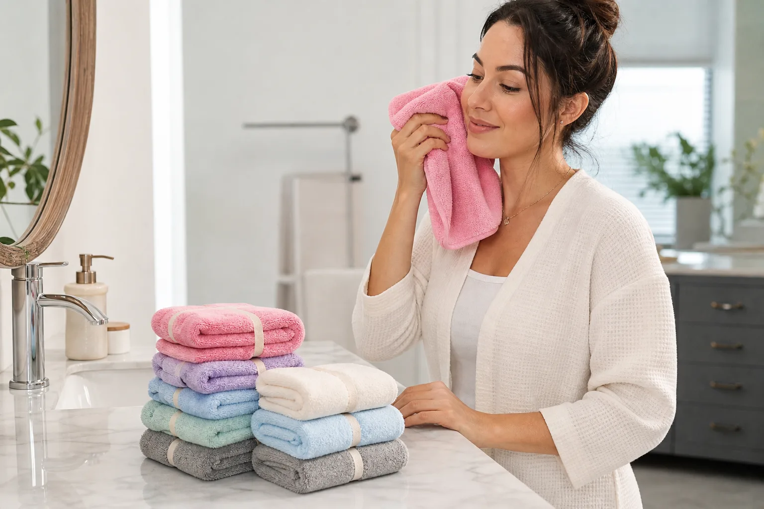 Soft Pink Face Towel at Bathroom Vanity Soft Pink Face Towel at Bathroom Vanity