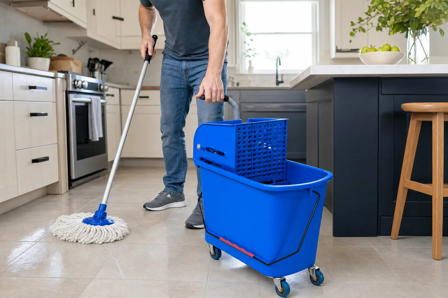 Blue Mop Bucket in Kitchen Cleaning Blue Mop Bucket in Kitchen Cleaning
