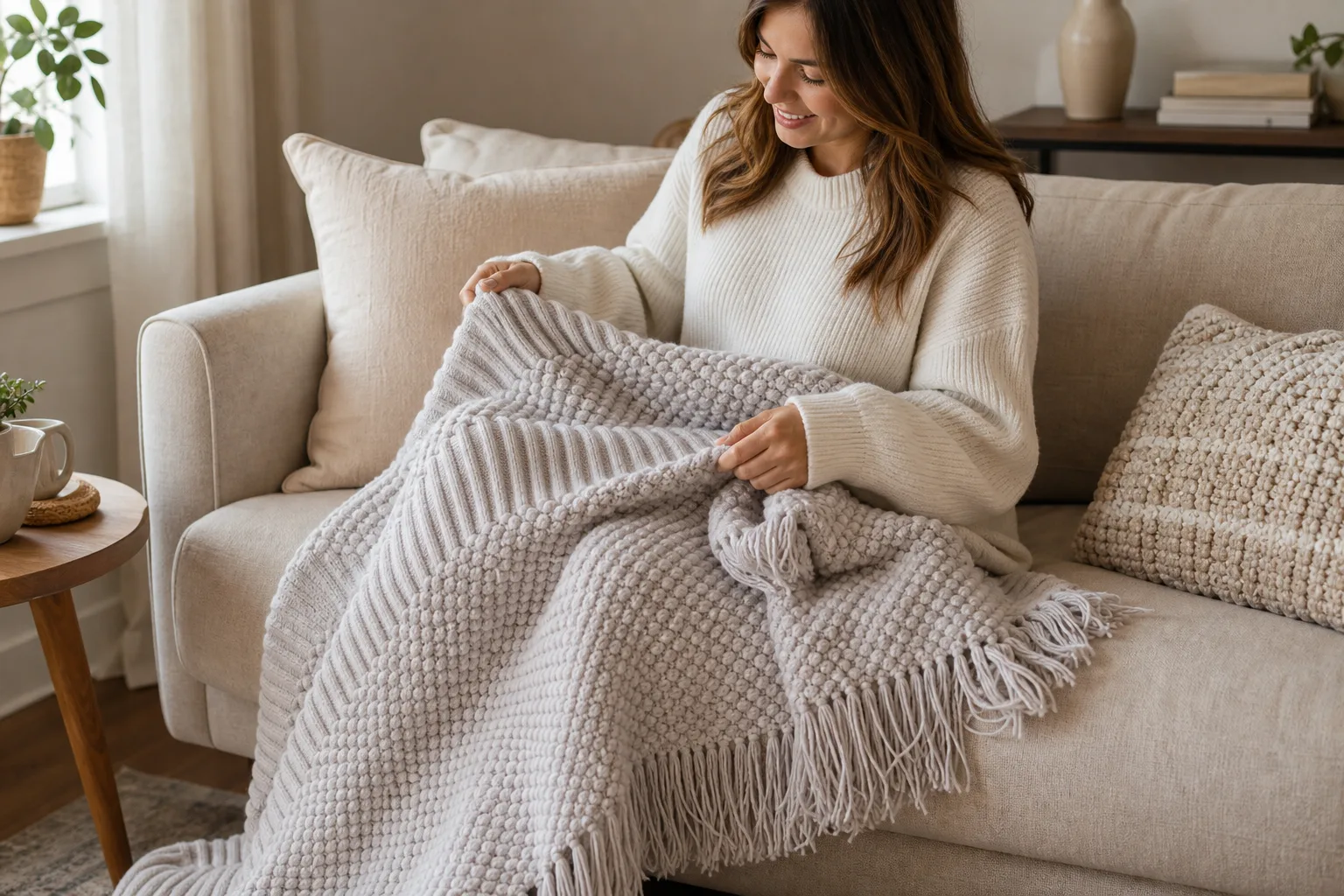 Chunky Knit Tassel Throw Draped on Sofa Chunky Knit Tassel Throw Draped on Sofa