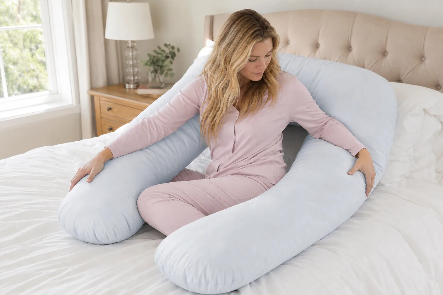Arranging Blue U-Shaped Body Pillow on Bed Arranging Blue U-Shaped Body Pillow on Bed