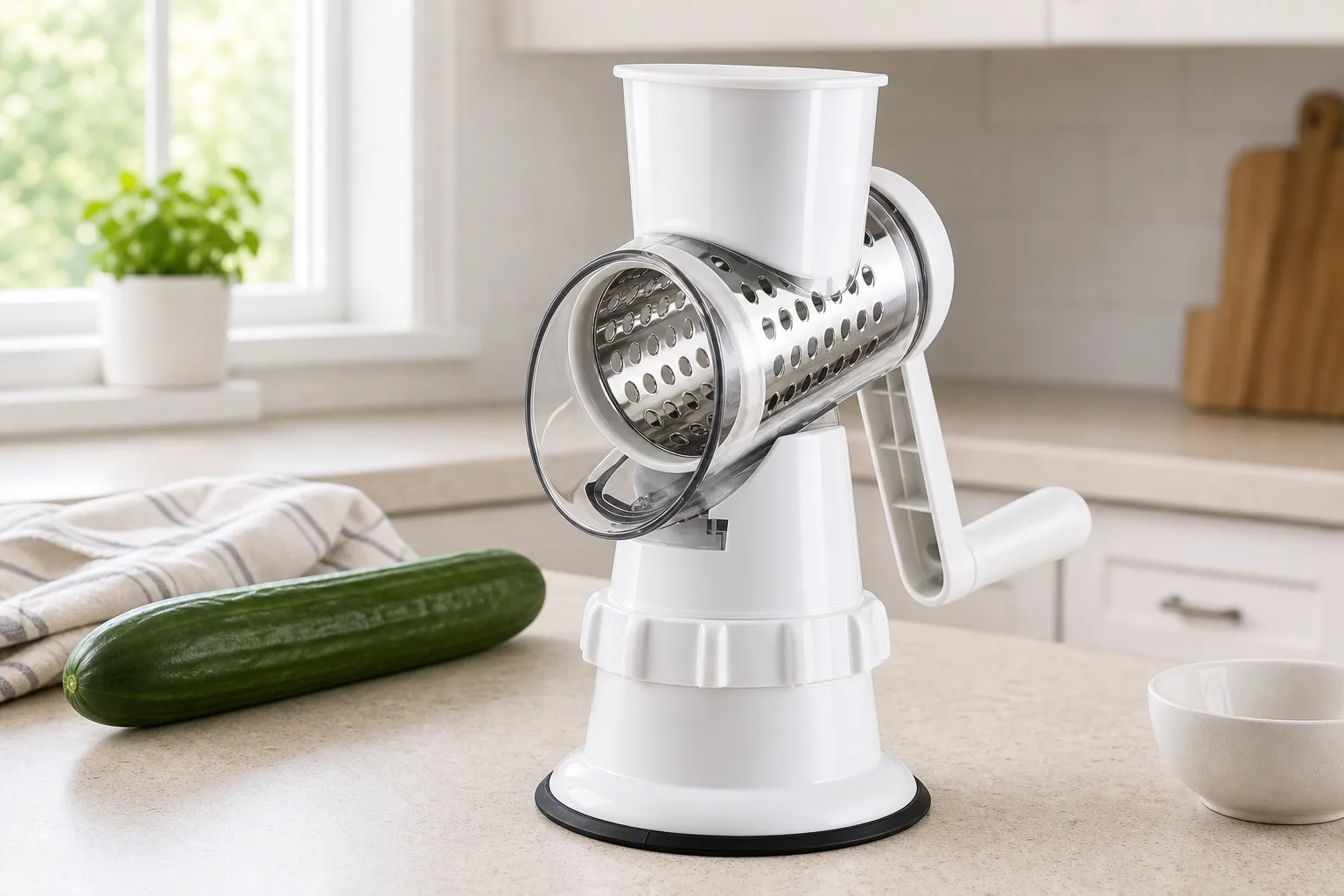 Manual Rotary Vegetable Slicer Grater Shredder - Bright Kitchen Counter White manual rotary vegetable slicer with a chrome drum housing and side crank on a bright kitchen counter beside a cucumber