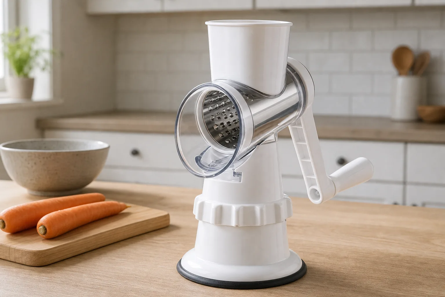 Manual Rotary Vegetable Slicer Grater Shredder - Side Crank View Close side-angle view of a white manual rotary vegetable slicer with its crank visible beside carrots and a bowl