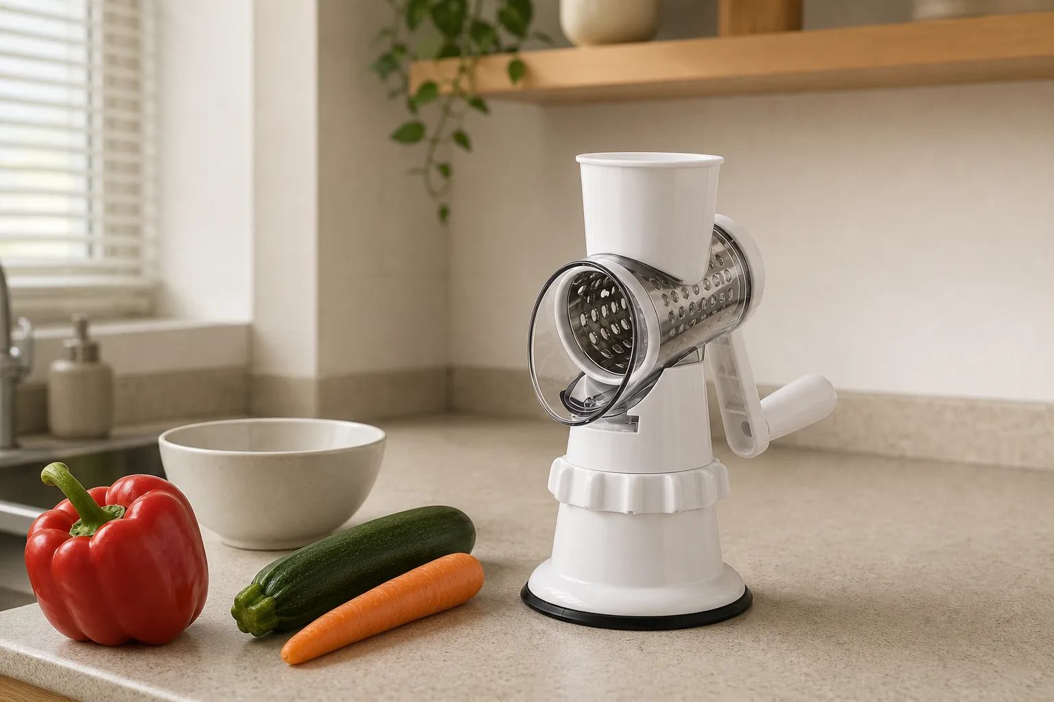 Manual Rotary Vegetable Slicer Grater Shredder - Apartment Prep Corner White manual rotary vegetable slicer on a compact apartment kitchen counter beside a bowl, bell pepper, zucchini, and carrot