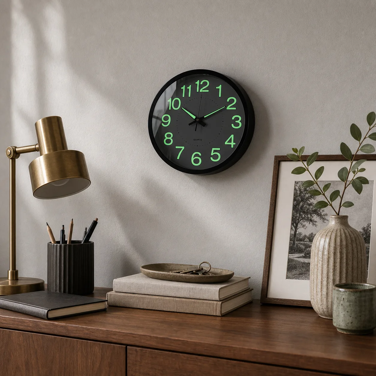 Luminous Wall Clock in a Home Office Black 12-inch luminous wall clock above a lived-in walnut home office console