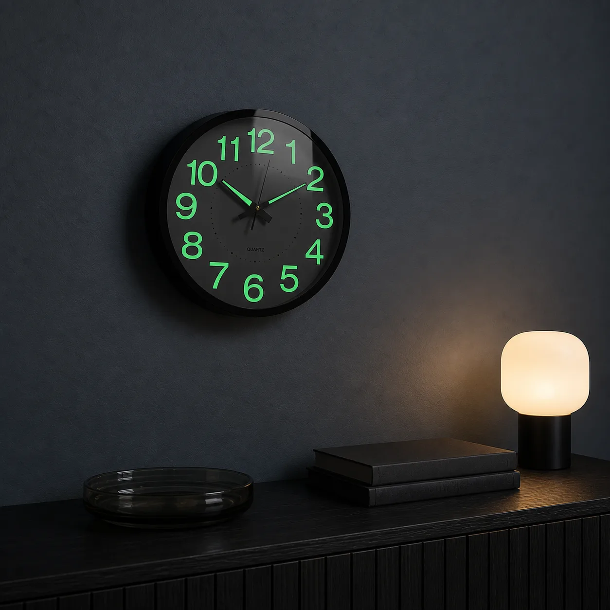 Luminous Wall Clock in an Evening Console Setting Black luminous wall clock on a blue-grey wall above a dark console