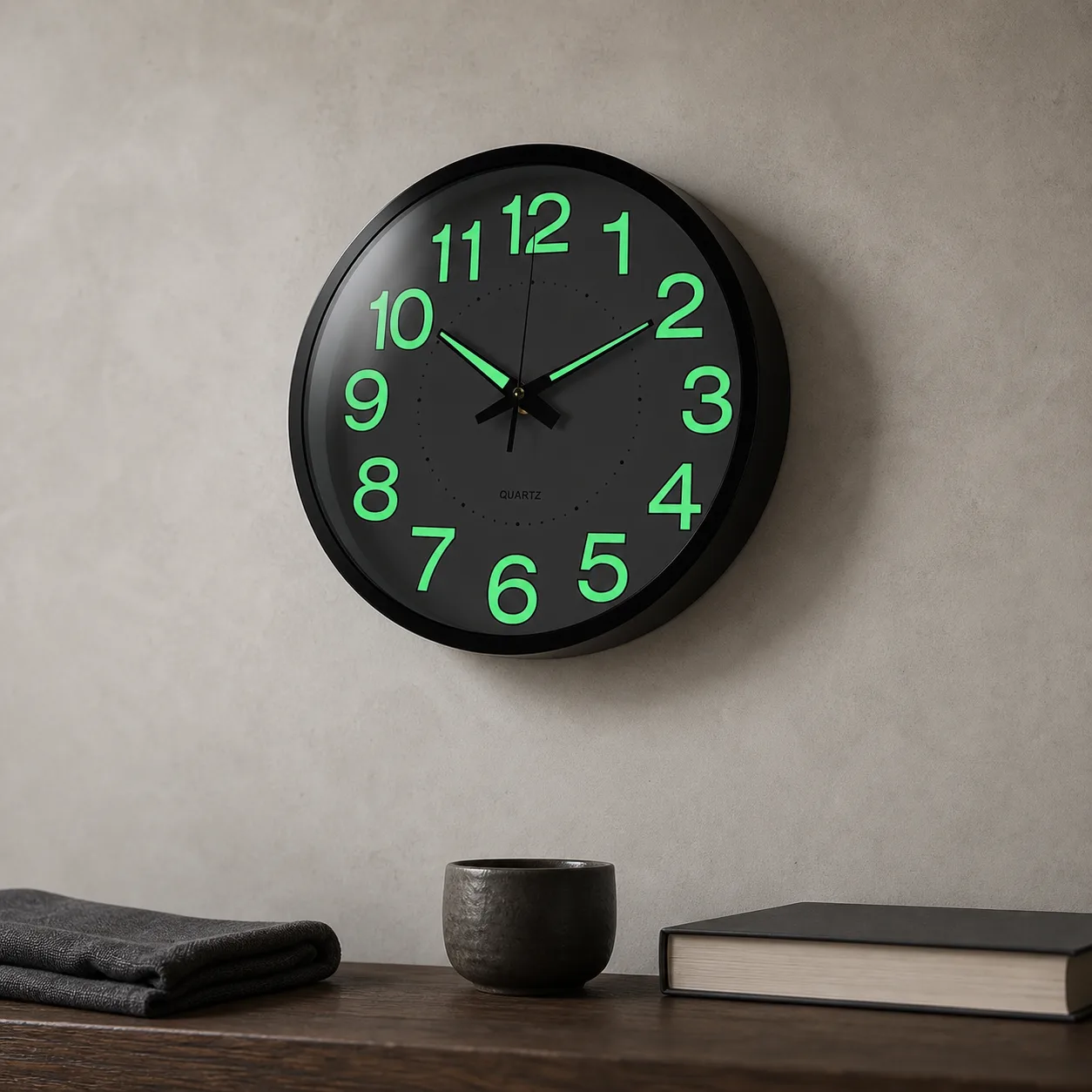 Black Luminous Wall Clock Detail Close angled view of black luminous wall clock above a dark oak ledge