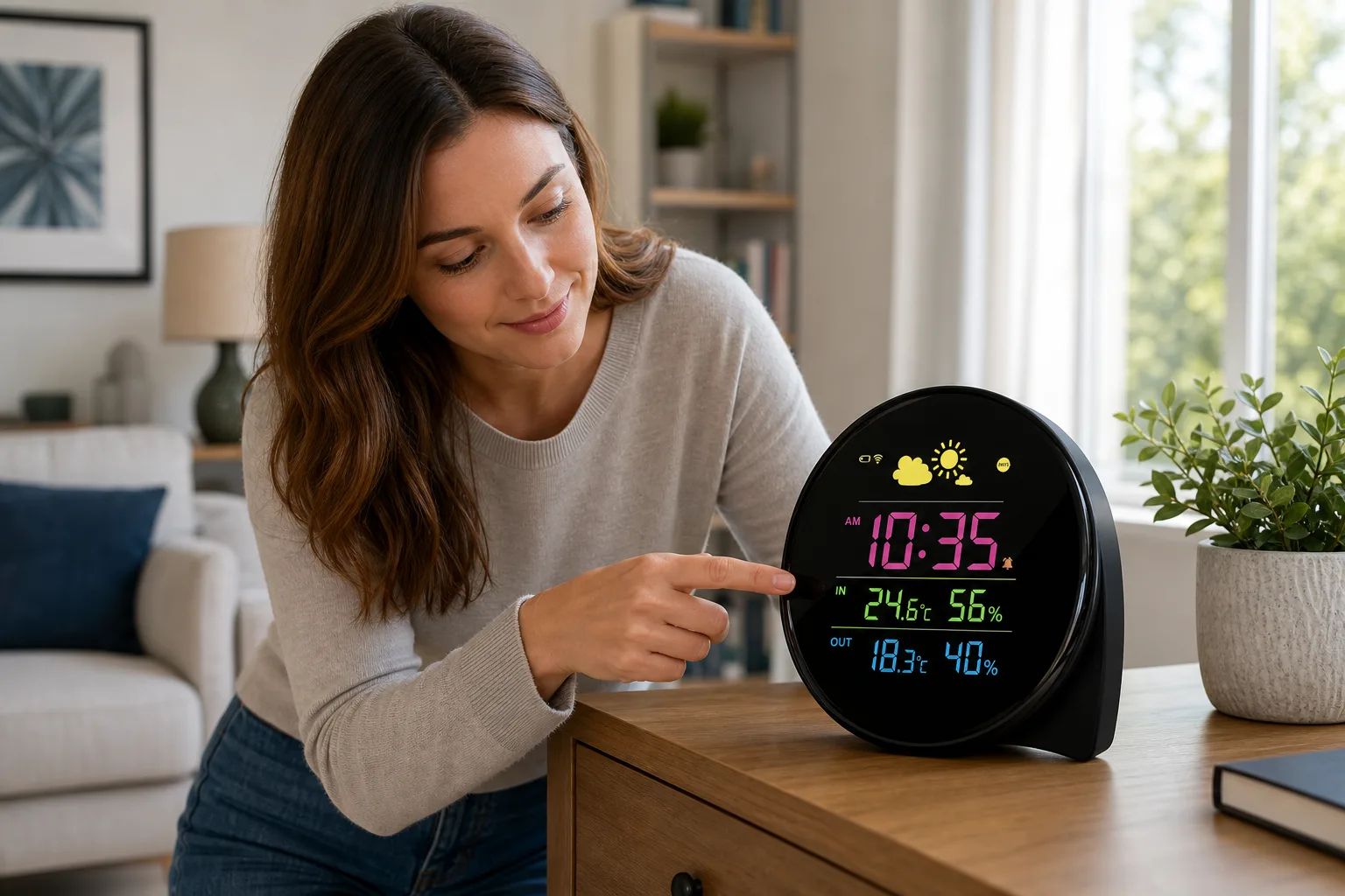 Round Weather Station Display in a Living Room Round Weather Station Display in a Living Room