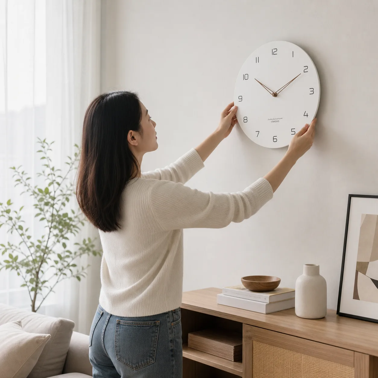 Modern minimalist white wall clock installation Modern minimalist white wall clock installation