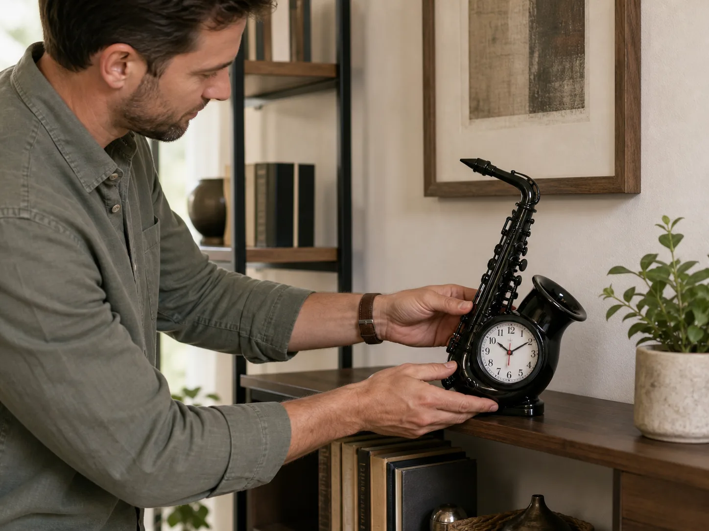 Saxophone Alarm Clock Placed on Home Office Shelf Saxophone Alarm Clock Placed on Home Office Shelf