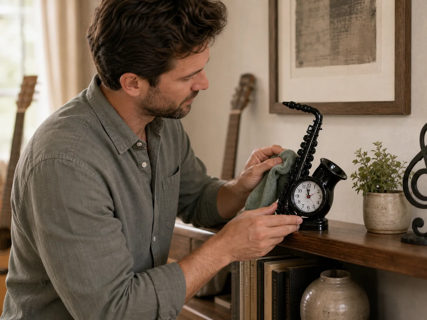 Saxophone Alarm Clock Being Dusted Person dusting a glossy black saxophone alarm clock with a cloth on a living room console