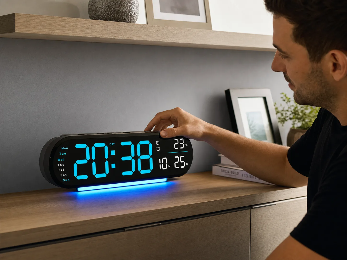 Large LED Digital Clock Being Adjusted on Living Room Console Large LED Digital Clock Being Adjusted on Living Room Console